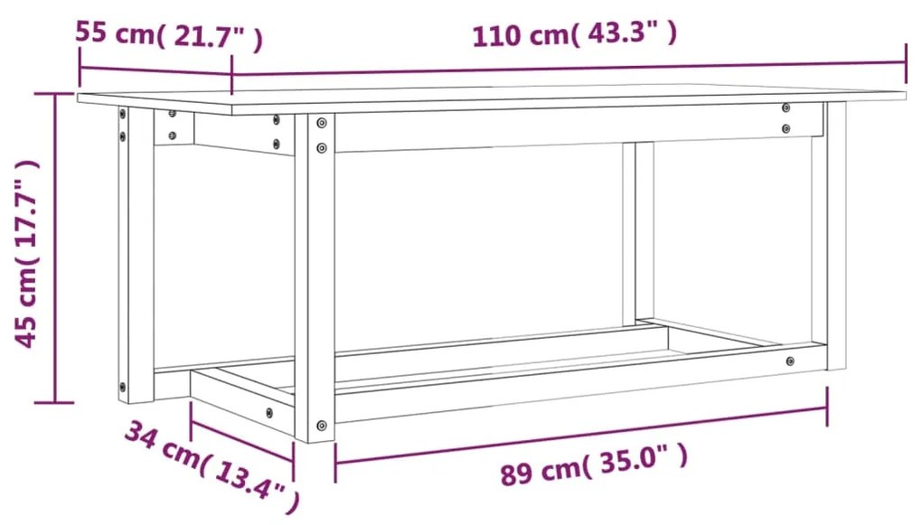 Mesa de centro 110x55x45 cm madeira de pinho maciça cinzento