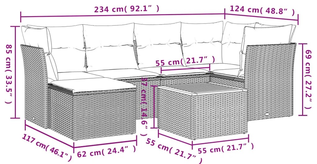 7 pcs conjunto sofás p/ jardim c/ almofadões vime PE cinzento