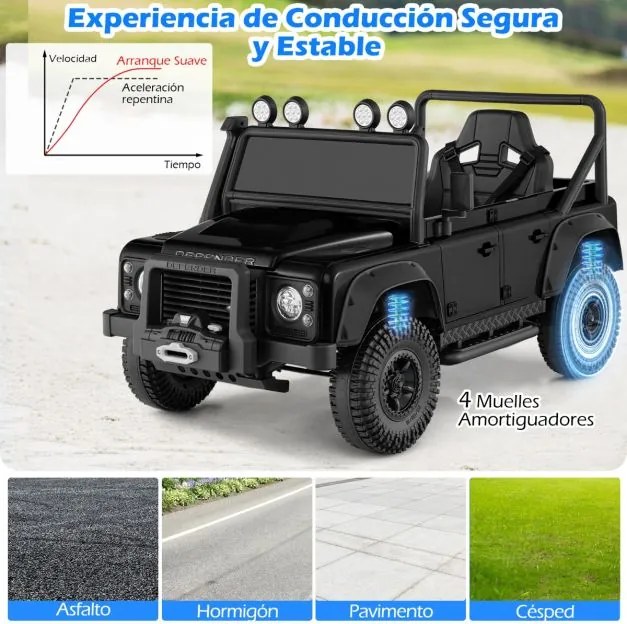 Jipe Land Rover Defender elétrico infantil 12V com comando à distância, suspensão completa, faróis e música para idades entre 3 e 8 anos, Preto
