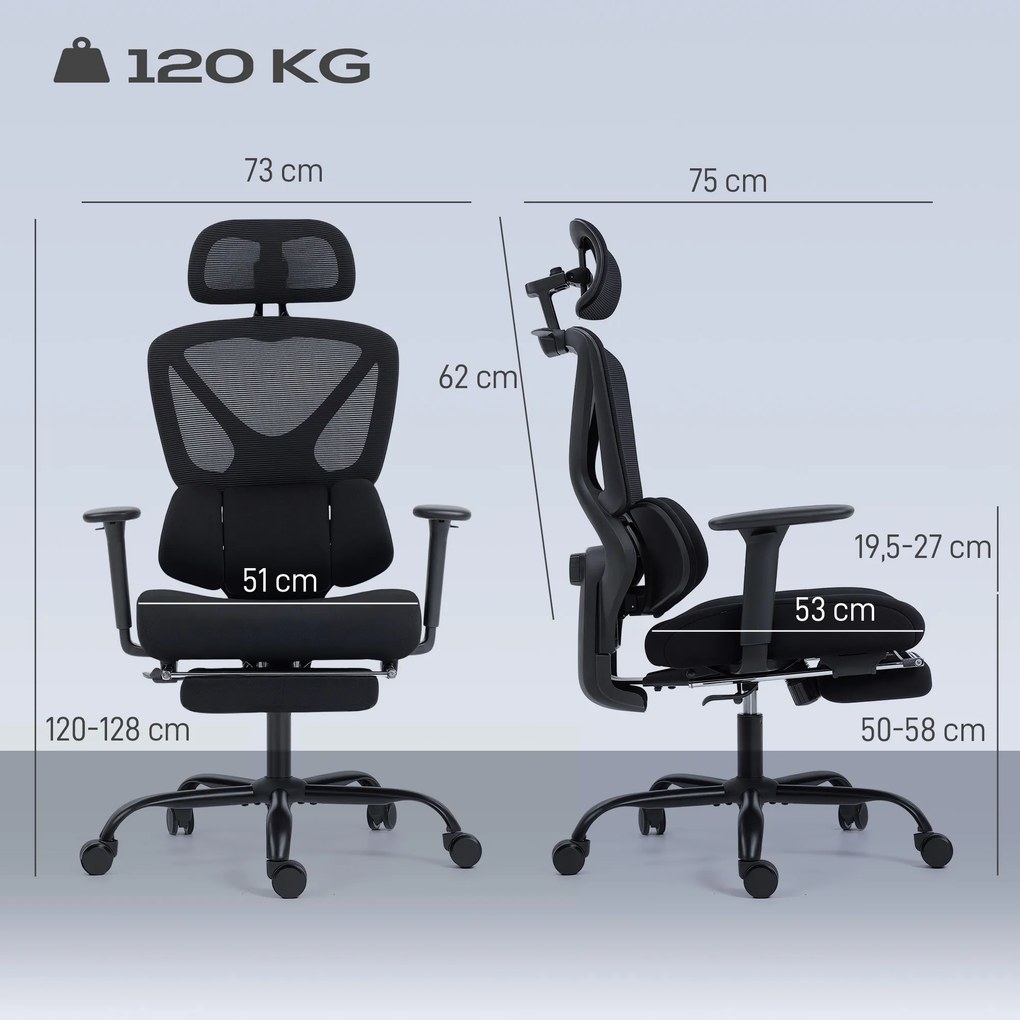 Cadeira de escritório ergonómica, cadeira de escritório com apoio lombar dinâmico e adaptável, 73 x 75 x 120-128 cm, preta