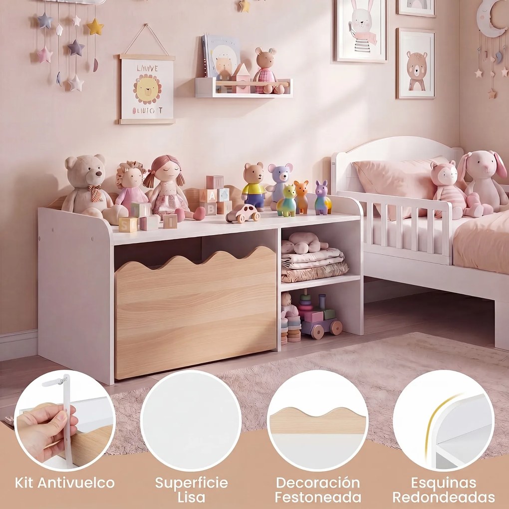 Secretária Infantil, 89,5 x 40 x 45 cm, Caixa de Arrumação com Rodas, Natural+Branco