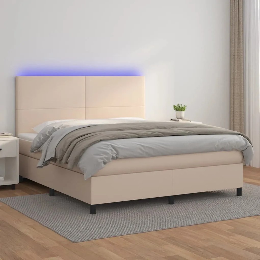 Cama box spring c/colchão/LED 180x200cm couro artif. cappuccino