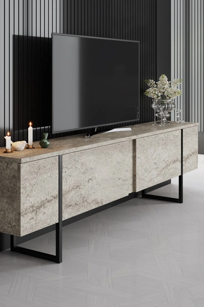 Móvel de TV "Madrid" - Travertino Mármore e Preto - 180x50x30cm - Desi