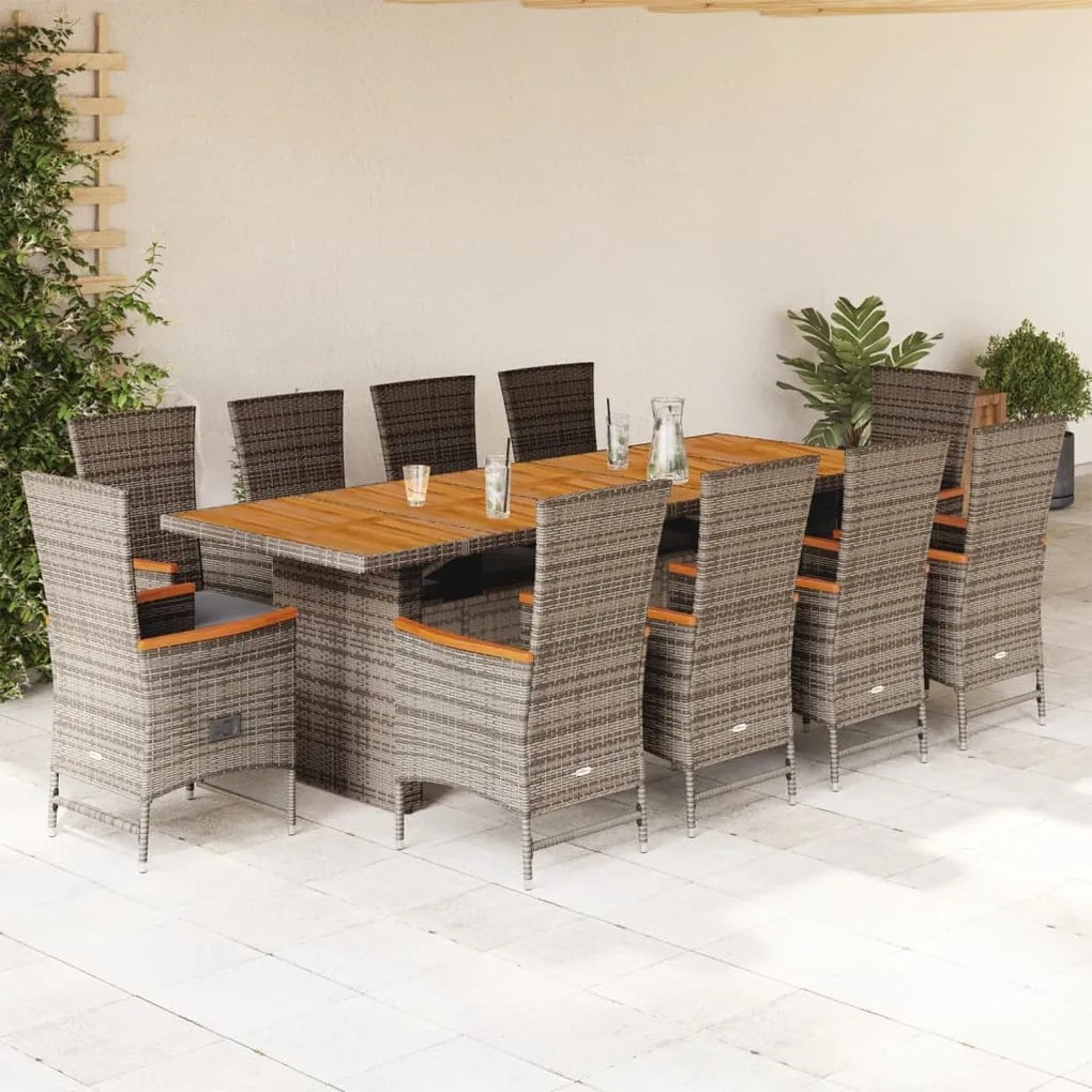 vidaXL 11 pcs conjunto jantar p/ jardim c/ almofadões vime PE cinzento