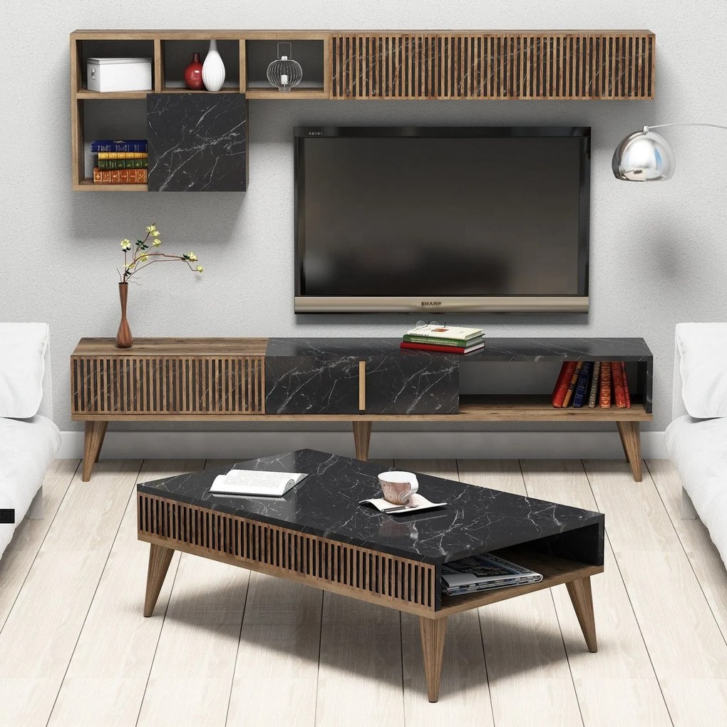 Conjunto de Mobiliário de Sala de Estar Milan – Nogueira Preto – TV St