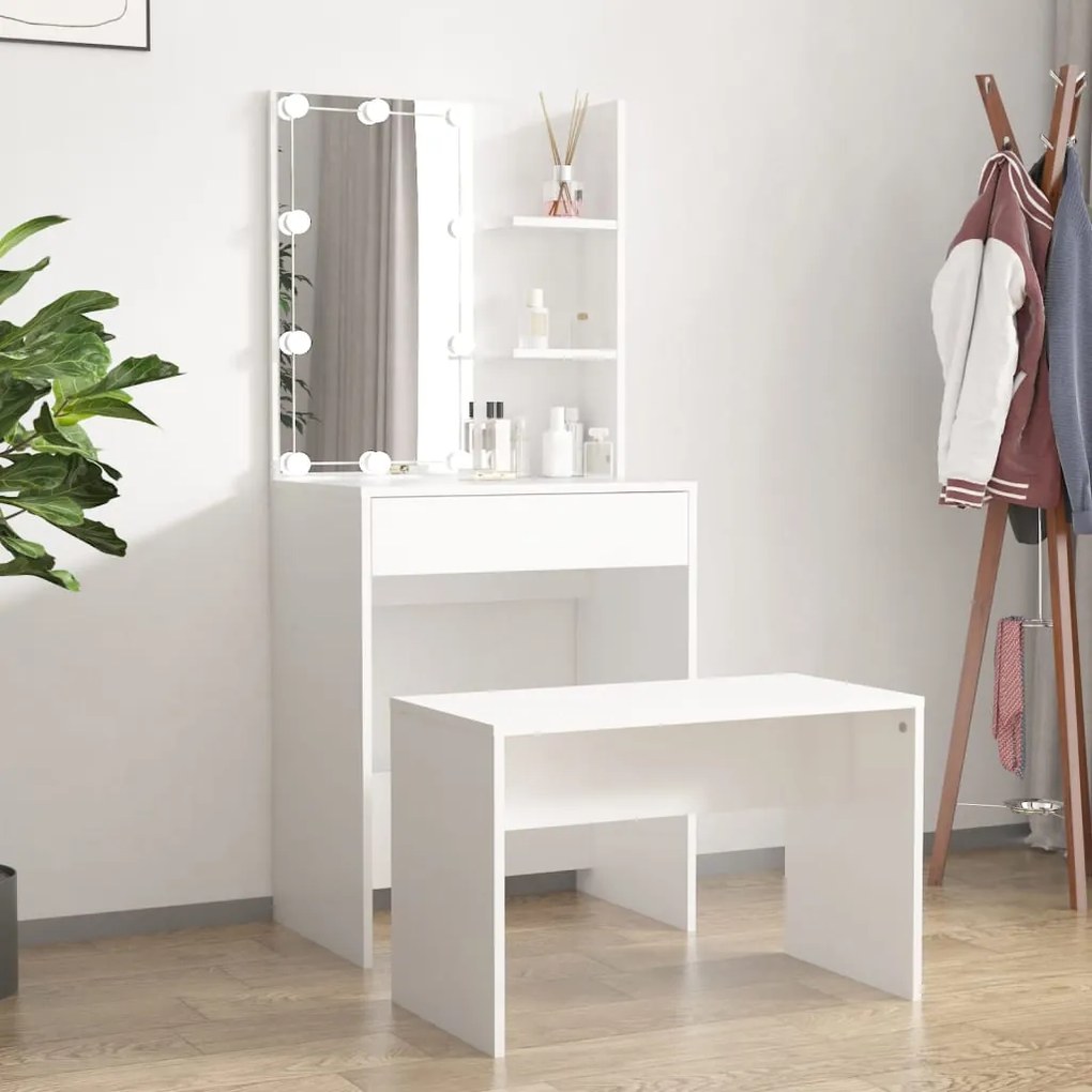 3114131 vidaXL Conjunto toucador c/ LEDs madeira processada branco