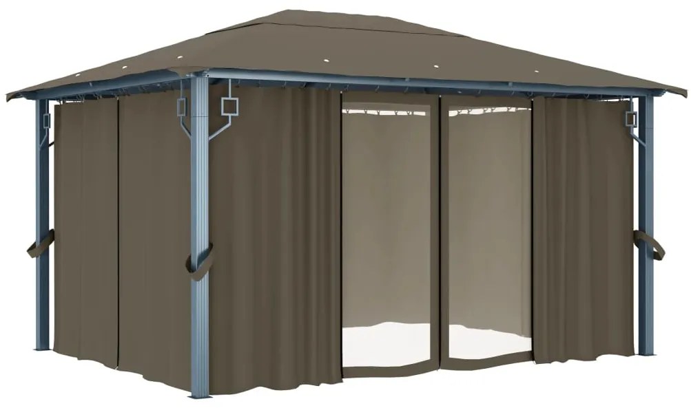 Gazebo c/ cortinas e cordões luzes LED 4x3 m alumínio cinza-ac.