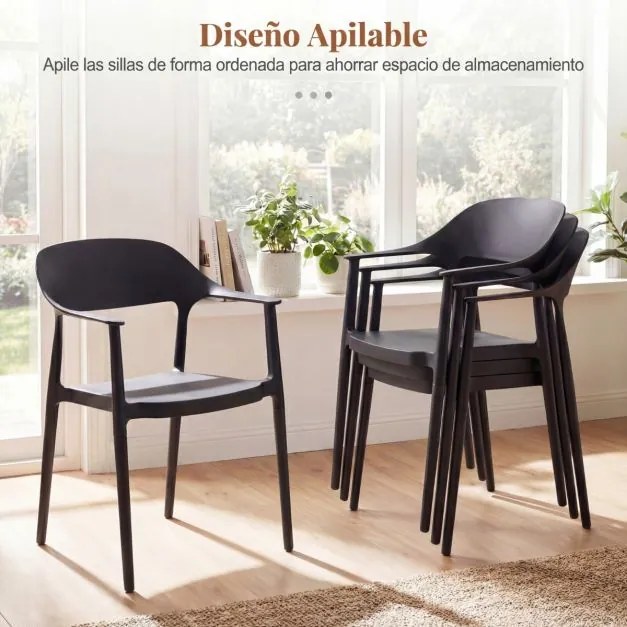 Cadeira de jantar em plástico com encosto curvo, braços e assento amplo; para uso interior e exterior, na sala, terraço ou jardim Preta