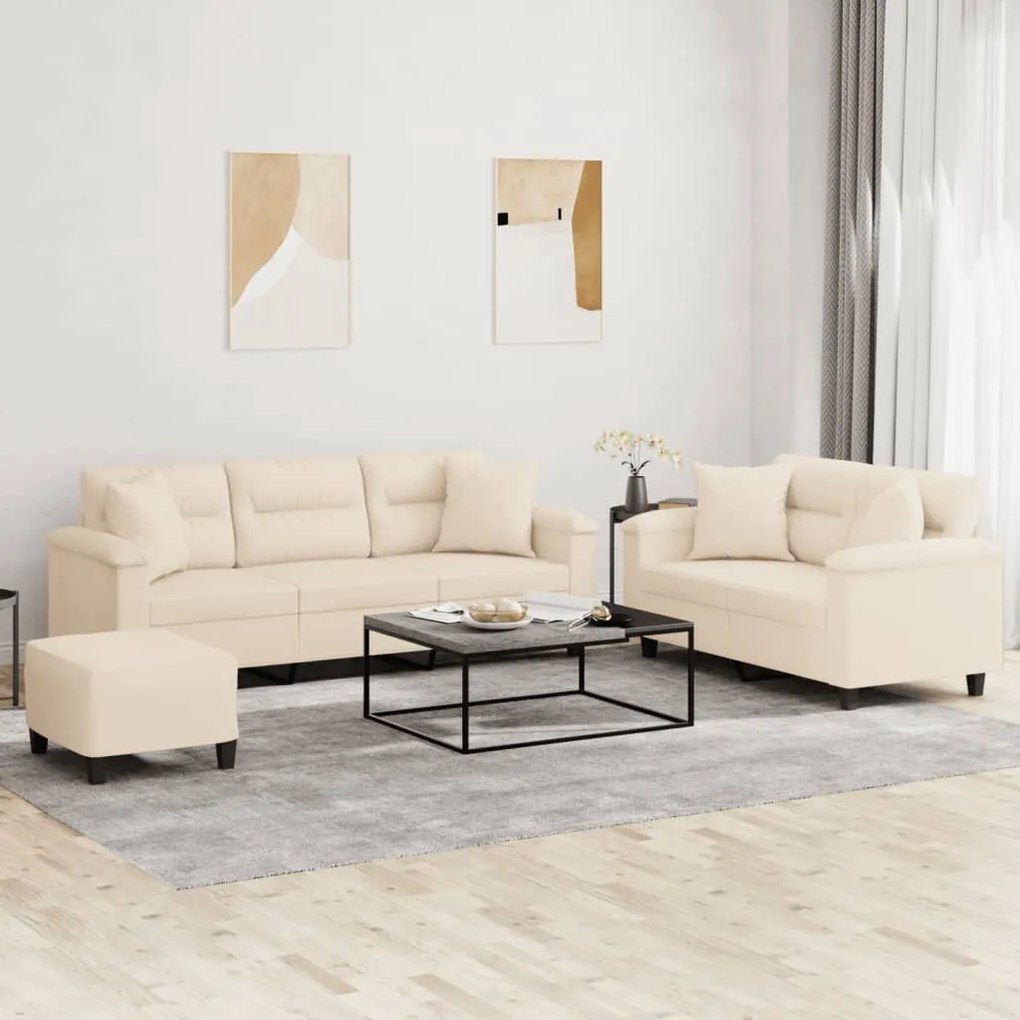 3 pcs conjunto sofás c/ almofadas tecido de microfibra bege