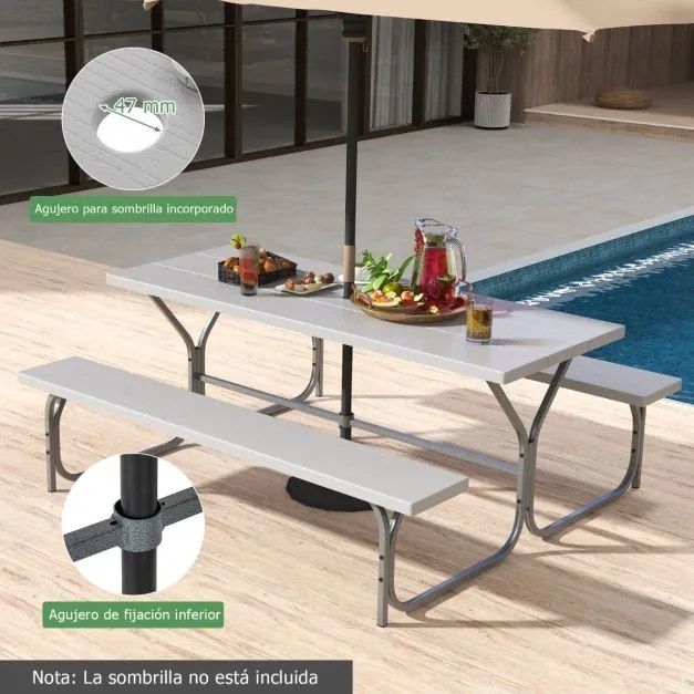 Conjunto jardim de 2 bancos e mesa para 8 pessoas com estrutura metálica Buraco para guarda-sol Cinzento