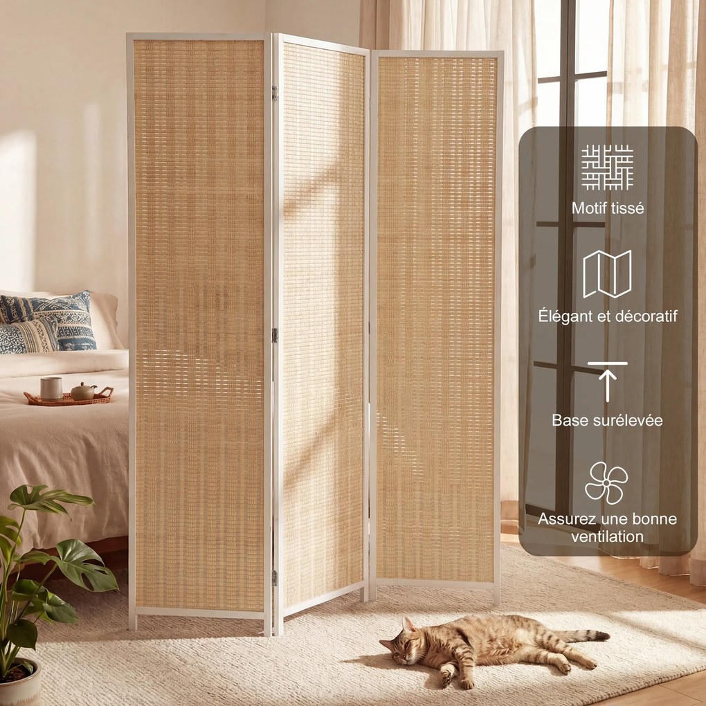 Biombo de madeira para separar divisões 135 x 180 cm, divisória dobrável de 3 painéis, branco e bege
