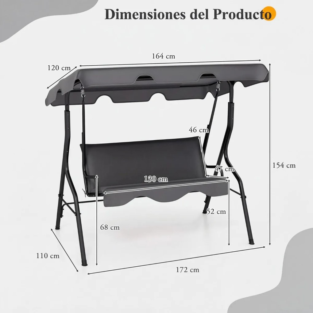 Baloiço Jardim 172 x 154 x 110 cm para 3 pessoas com toldo ajustável e almofada removível para jardim ou pátio, cinzenta
