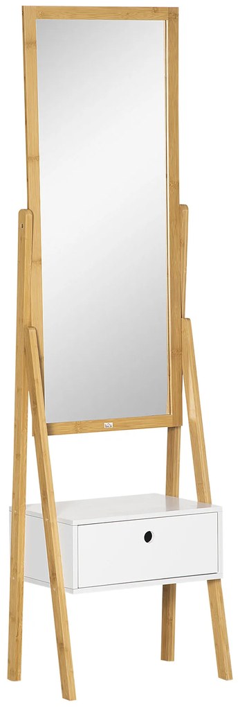 HOMCOM Espelho de Pé de Bambú Espelho de Corpo Inteiro com 1 Gaveta para Dormitório Camarim Estilo Moderno 45x30x160cm Madeira | Aosom Portugal