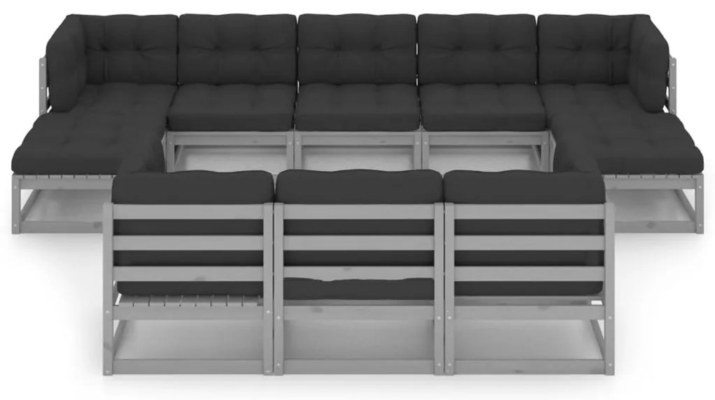 10pcs conjunto lounge de jardim + almofadões pinho maciço cinza
