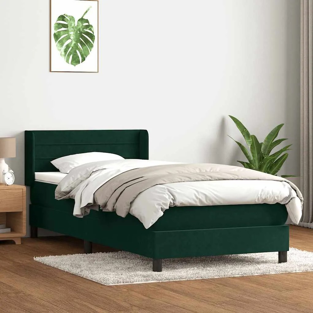 vidaXL Cama com molas/colchão 100x220 cm veludo verde-escuro