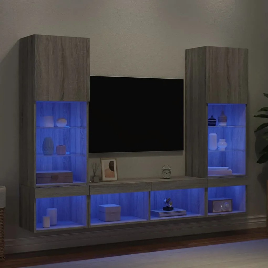 vidaXL 5 pcs móveis parede p/ TV c/ LEDs deriv. madeira cinza sonoma
