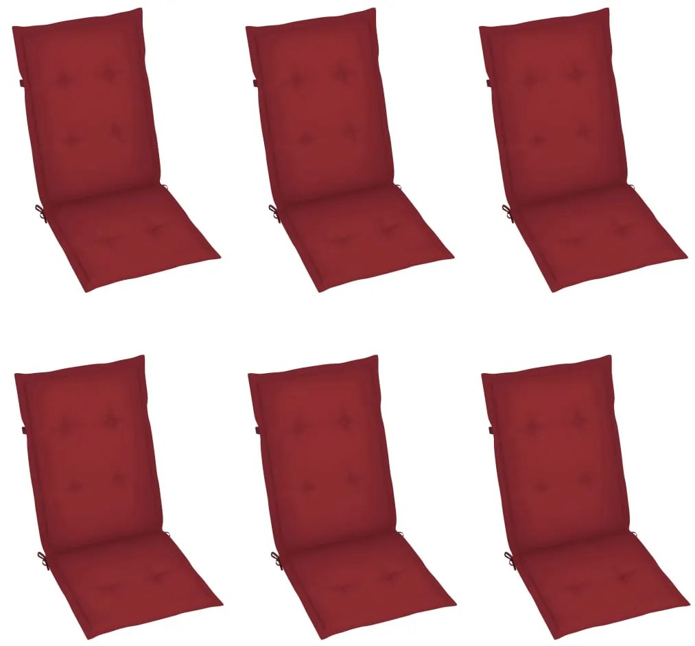 Cadeiras de jardim almofadões vermelho tinto 6 pcs teca maciça