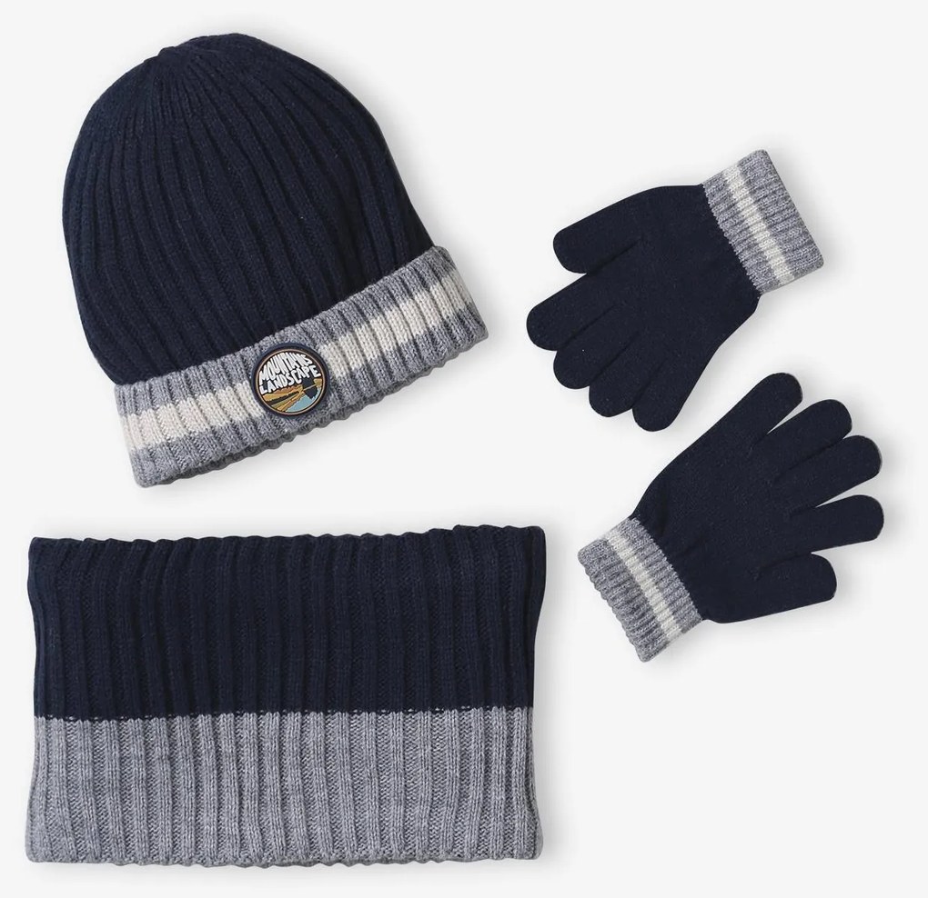 Conjunto  gorro + gola snood + luvas «Montanhas», para menino   azul-noite