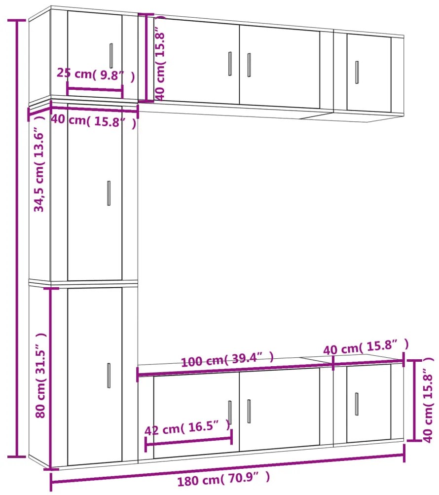 7 pcs conjunto móveis de TV madeira processada branco brilhante