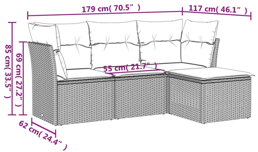 4 pcs conjunto de sofás para jardim c/ almofadões vime PE preto