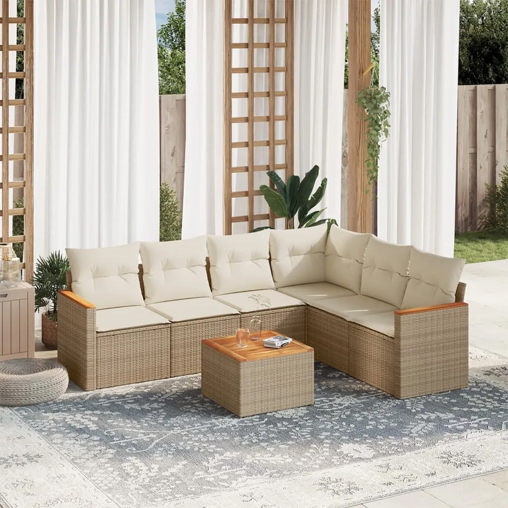vidaXL 7 pcs conjunto de sofás p/ jardim com almofadões vime PE bege