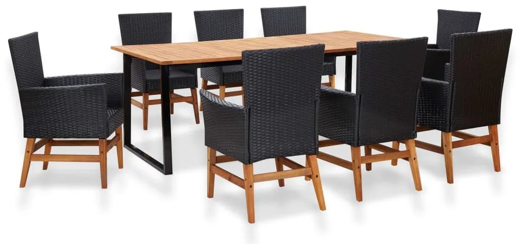vidaXL 9 pcs conjunto jantar exterior vime PE e madeira acácia preto