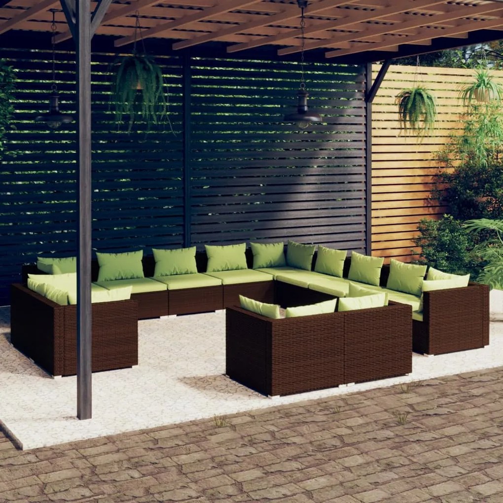vidaXL 13 pcs conjunto lounge de jardim c/ almofadões vime PE castanho