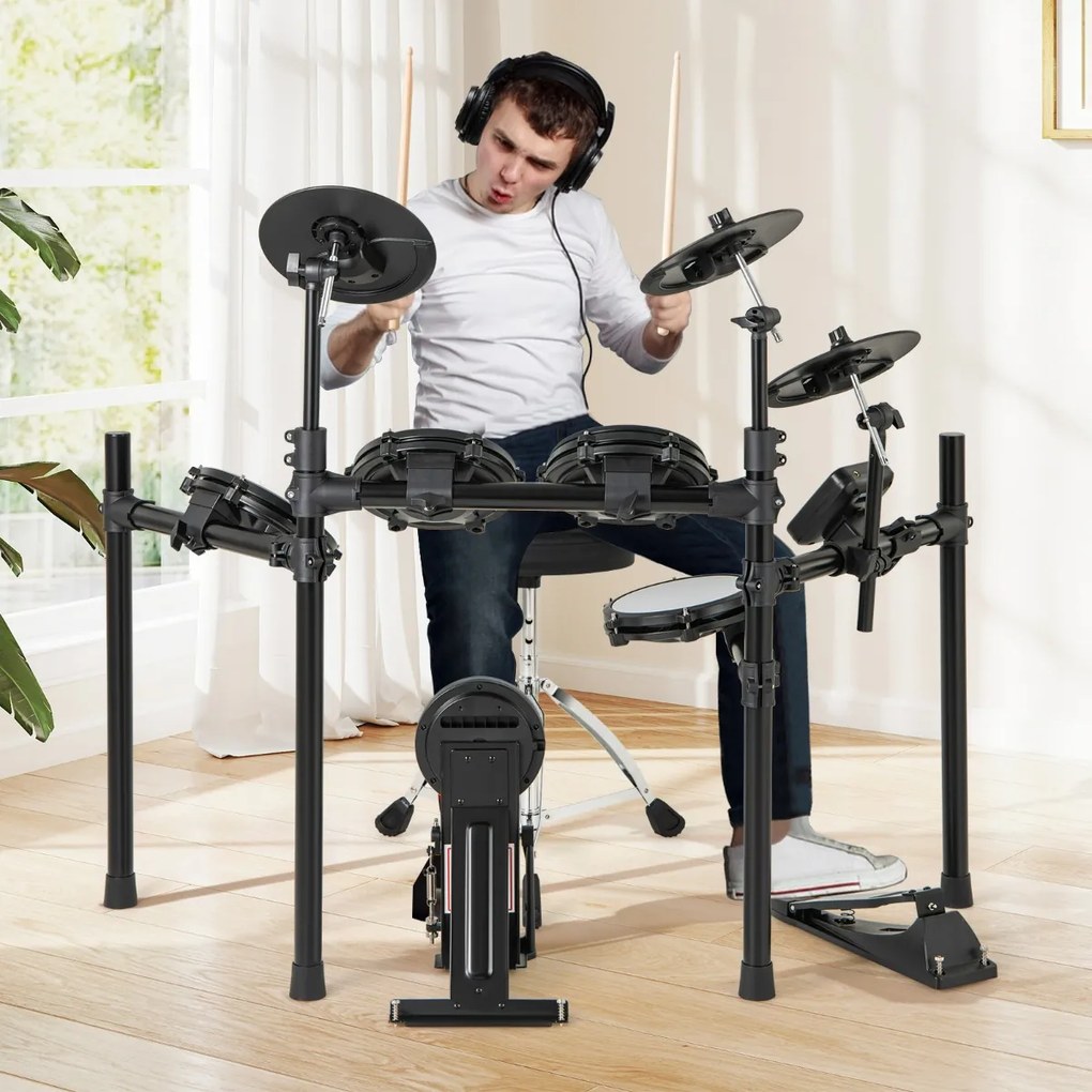 Conjunto de bateria elétrica Kit de bateria dobrável com almofadas de malha de 21 cm Pratos de 245 cm 225 sons e 30 demos Preto