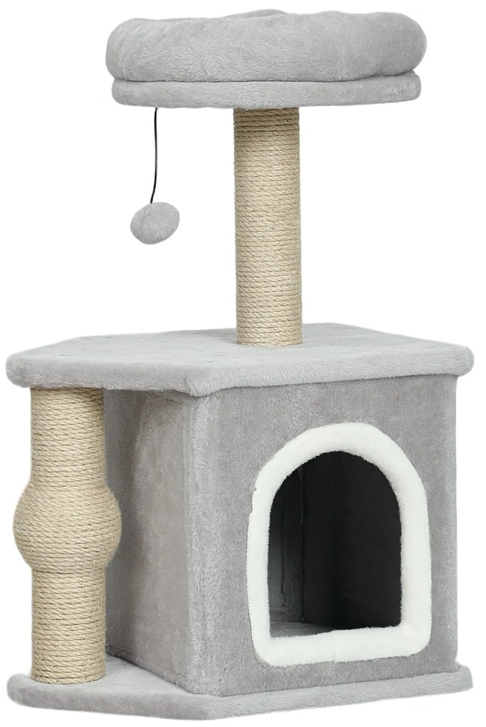PawHut Arranhador para Gatos com Cama Caverna Plataforma Bola Suspensa e Poste de Juta 42x30x66 cm Cinza e Bege