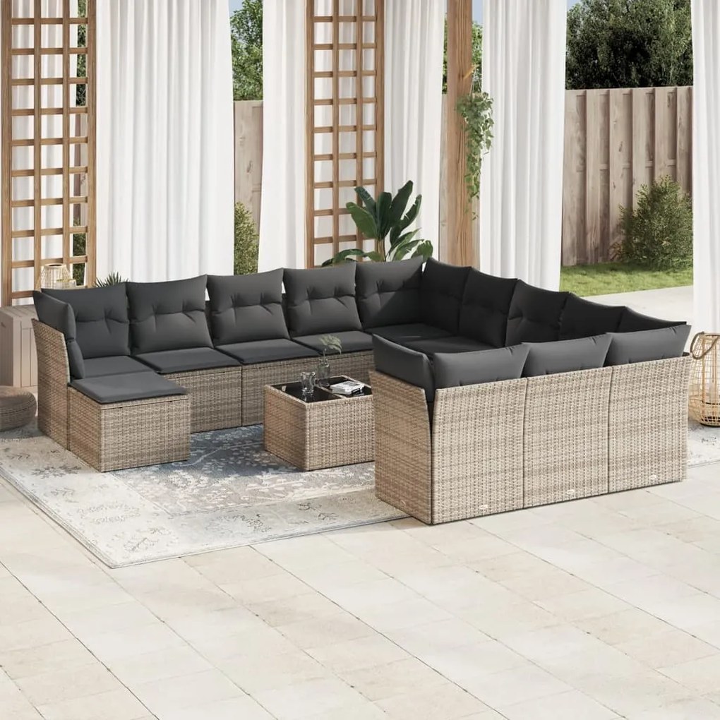 vidaXL 13 pcs conjunto sofás p/ jardim c/ almofadões vime PE cinzento