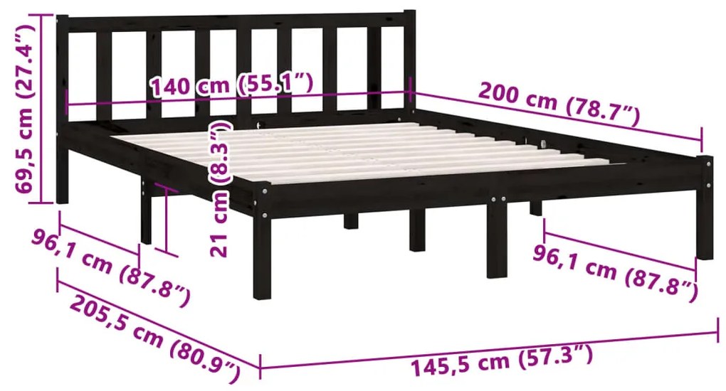 Estrutura de Cama Jane em Madeira de Pinho - 140x200 cm - Preto - Desi