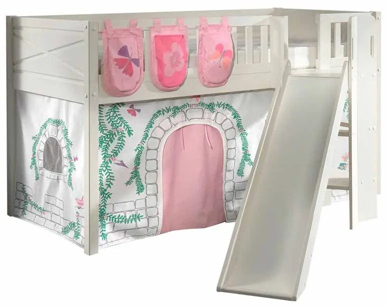 Conjunto cama Infantil SCOTT + escorrega + cortina de brincar BIRDY + 3 bolsos de arrumação Branca