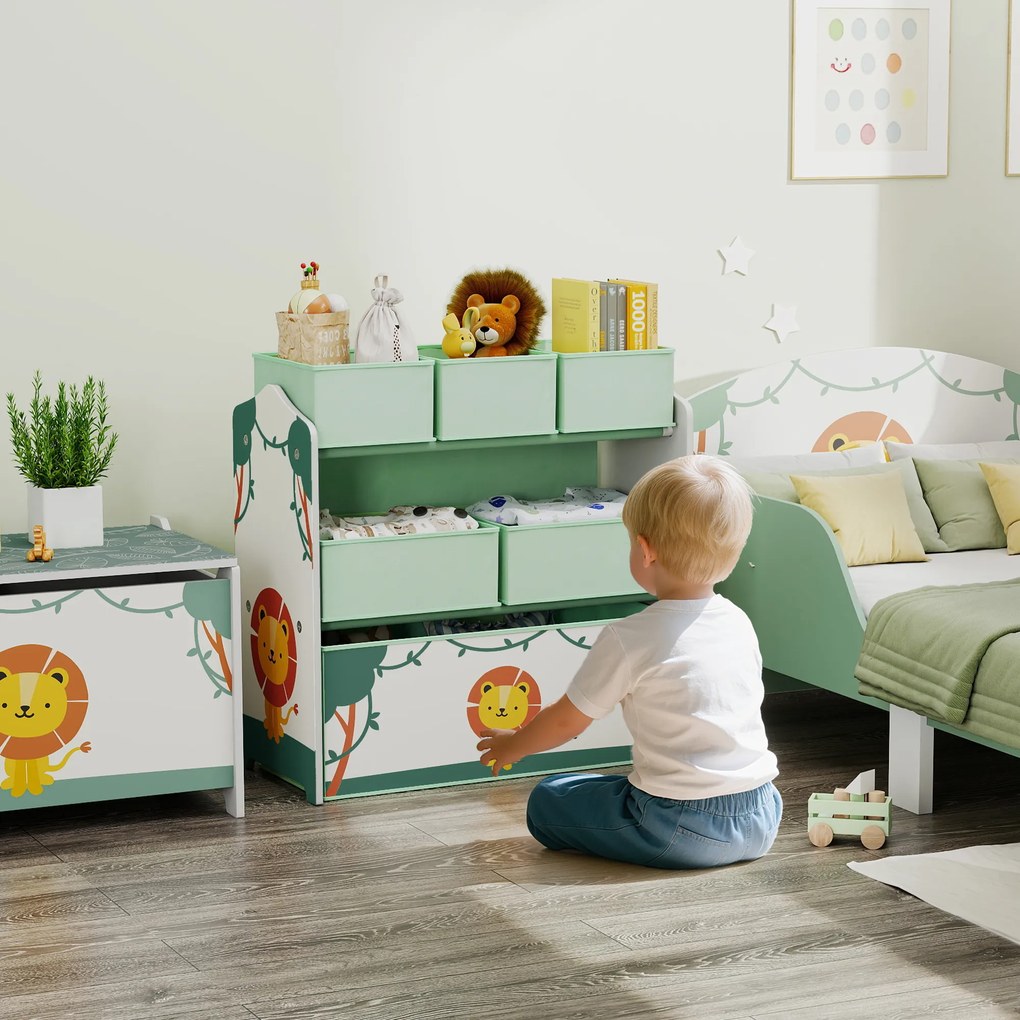 Móvel de arrumação infantil de 3 níveis 110 x 29,5 x 82  cm, estante para brinquedos com 6 caixas de tecido removíveis, verde