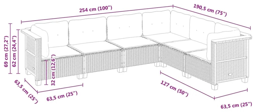 6 pcs conjunto de sofás p/ jardim com almofadões vime PE bege