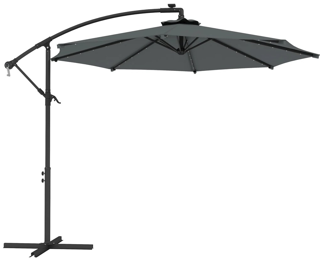 Outsunny Chapéu de Sol Excêntrico  Ø294 cm com 32 Luzes LED Solares Base Cruzada e Capa de Proteção Anti-UV 30+ Cinza Escuro