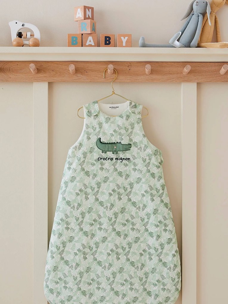 Saco de bebé sem mangas, Croco Mignon verde medio liso com motivo