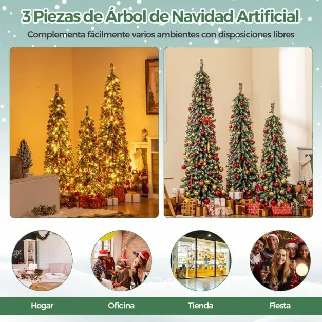 Conjunto de 3 árvores de Natal artificiais em forma de lápis 120/150/180cm com neve realista 100/120/180 luzes LED 216/302/505 pontas de ramos Verdes