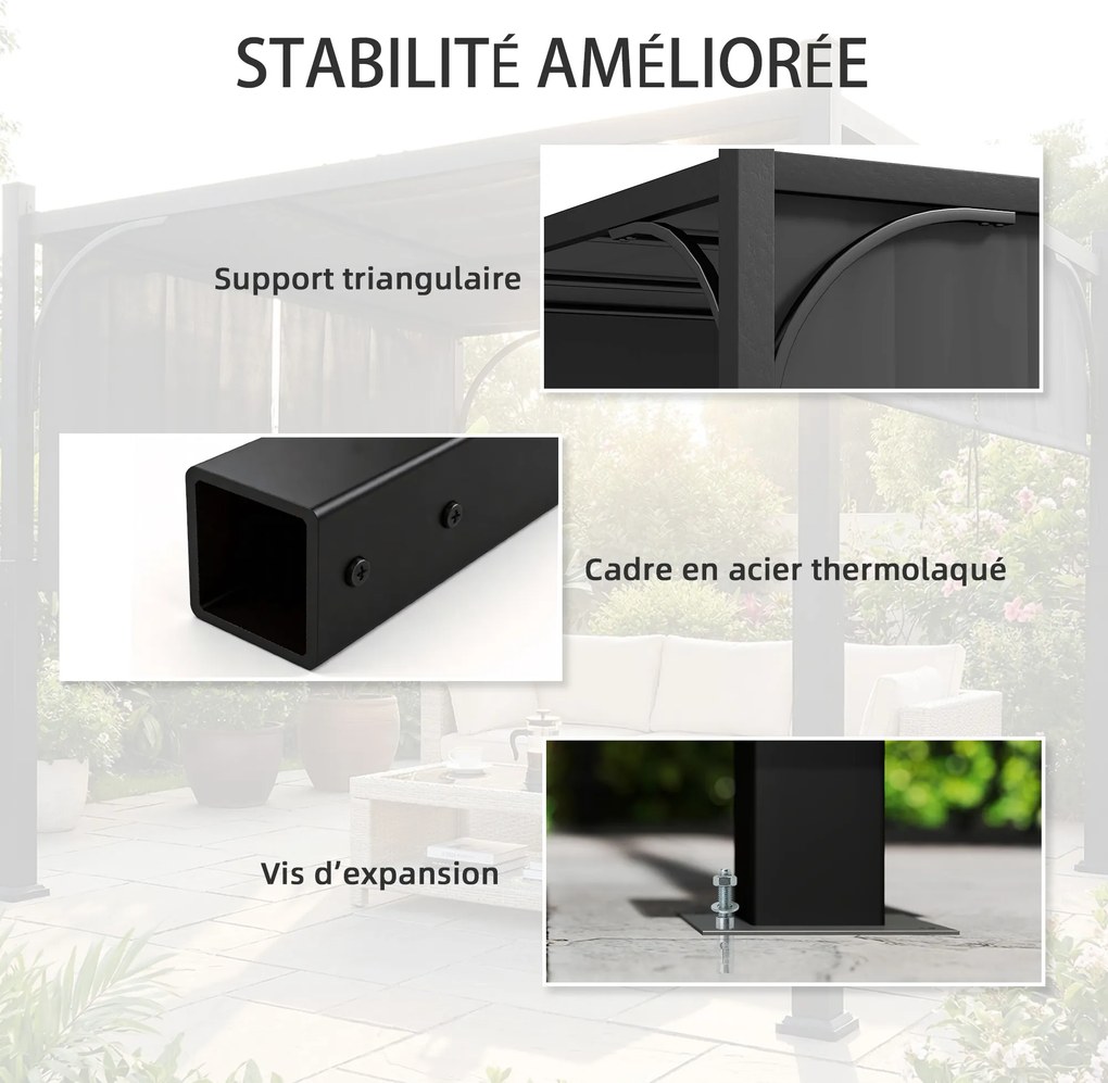 Pérgula de jardim de 3 x 3 m com Tenda deslizante, estrutura metálica, para exterior, cinzento escuro