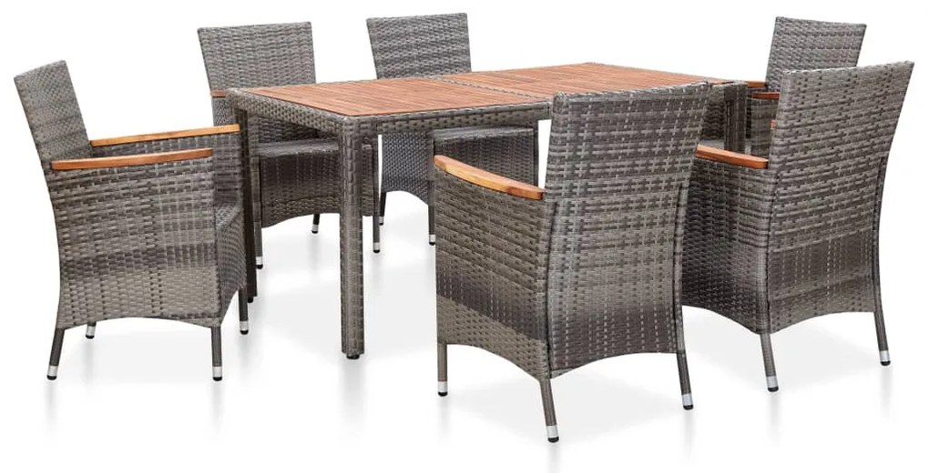 vidaXL 7 pcs conjunto jantar exterior com almofadões vime PE cinzento