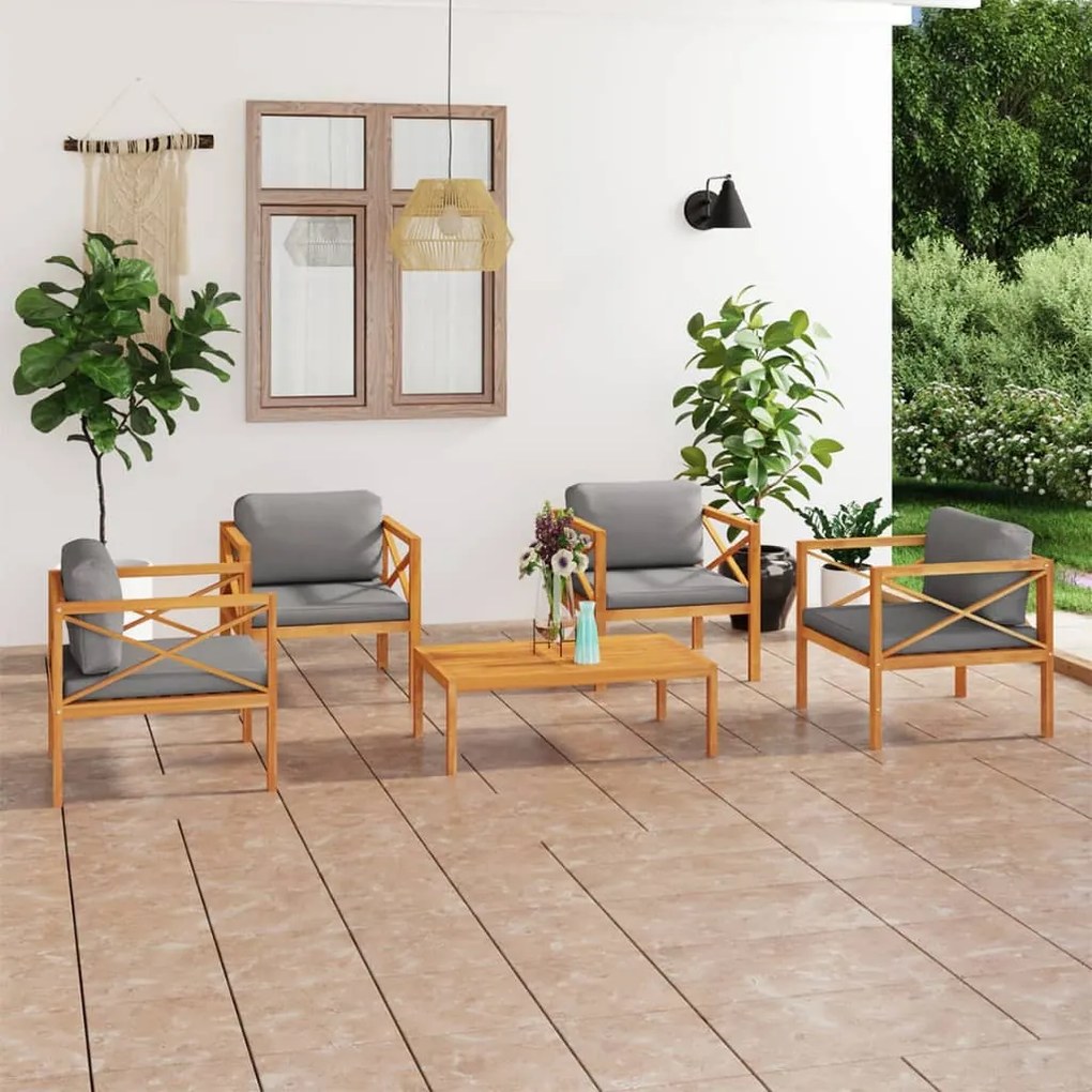 vidaXL 5 pcs conjunto lounge jardim c/ almofadões madeira teca maciça