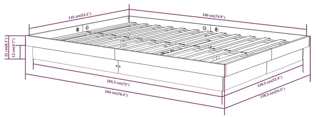 Estrutura de cama casal 135x190 cm madeira maciça cinzento