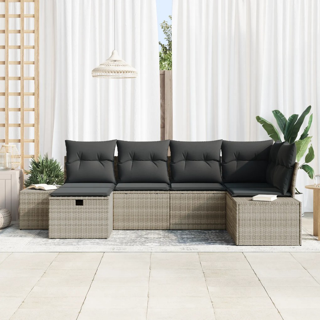 Conjunto de Sofá de Jardim de 6 Peças com Almofadas Cinza Claro Rattan