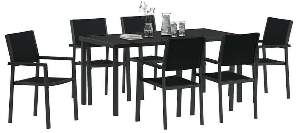 Conjunto de Jantar de Jardim 7 Peças em Rattan e Poliéster Preto.