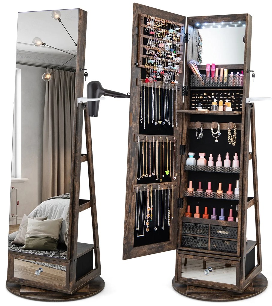 Armário para joias giratório 360° com fechadura, espelho de corpo inteiro, luzes LED, preto