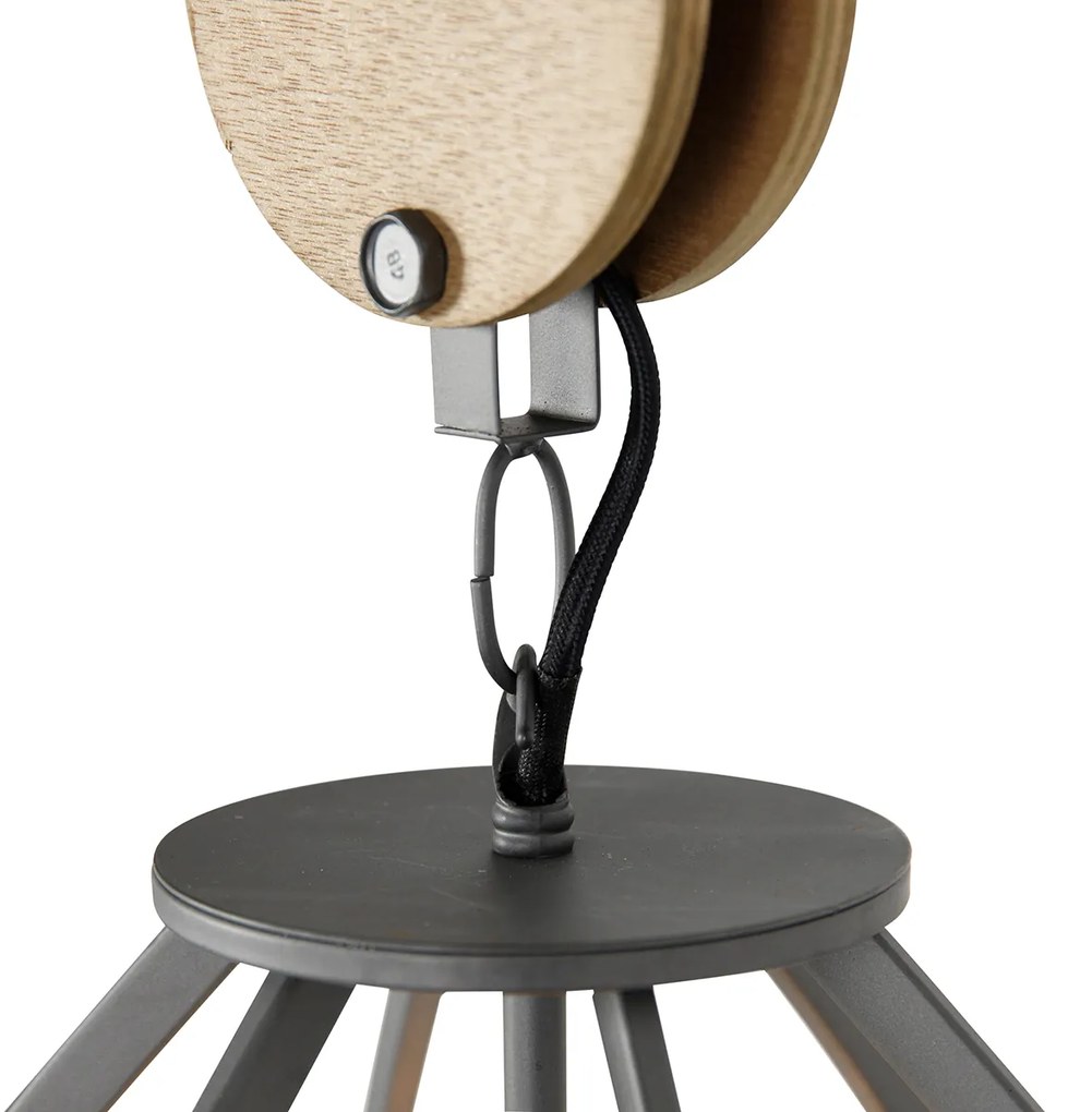 Candeeiro de suspensão industrial cinzento escuro com madeira 34 cm - Arthur Industrial
