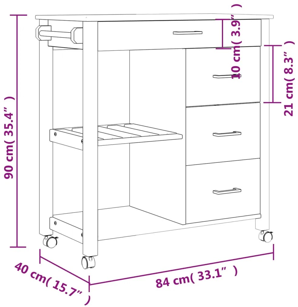 Carrinho de cozinha MONZA 84x40x90 cm madeira de pinho maciça