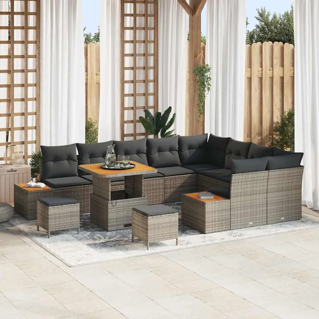 vidaXL Conjunto de Sofá de Jardim com 12 Peças, Almofadas Cinza, Rattan de Polietileno e Acácia