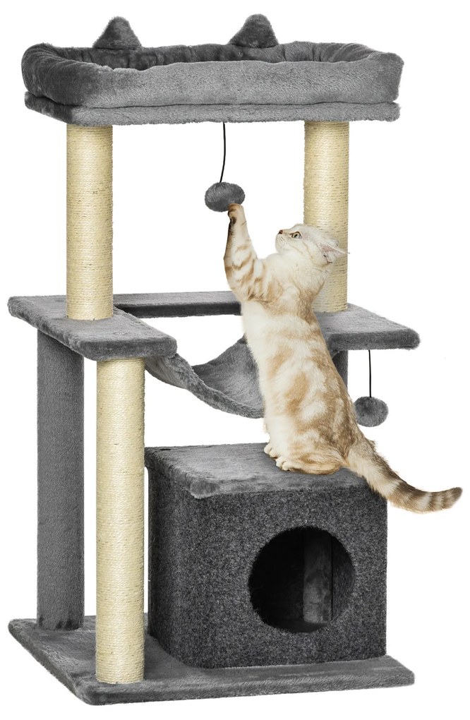 PawHut Arranhador para Gatos de 3 Níveis com Caverna Rede Plataforma Bolas Suspensas e Poste de Sisal 48x48x90 cm Cinza