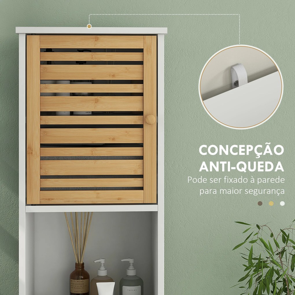 Coluna Casa de Banho Móvel Auxiliar Casa de Banho com Prateleiras Ajustáveis e Portas de Bambu 35x30x170 cm Branco e Madeira
