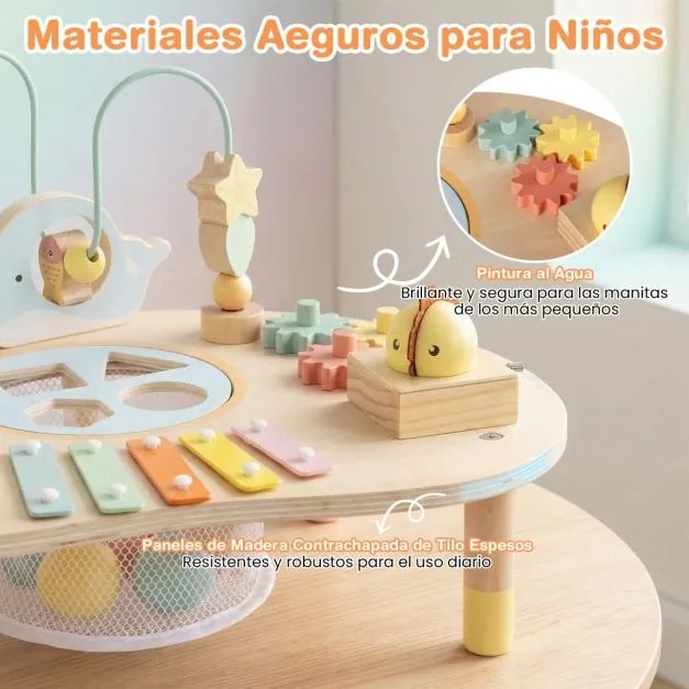 Mesa de atividades 7 em 1 para crianças 44 x 31 x 27 cm Montessori sensorial de madeira com labirinto de contas e xilofone para 12+ meses Natural